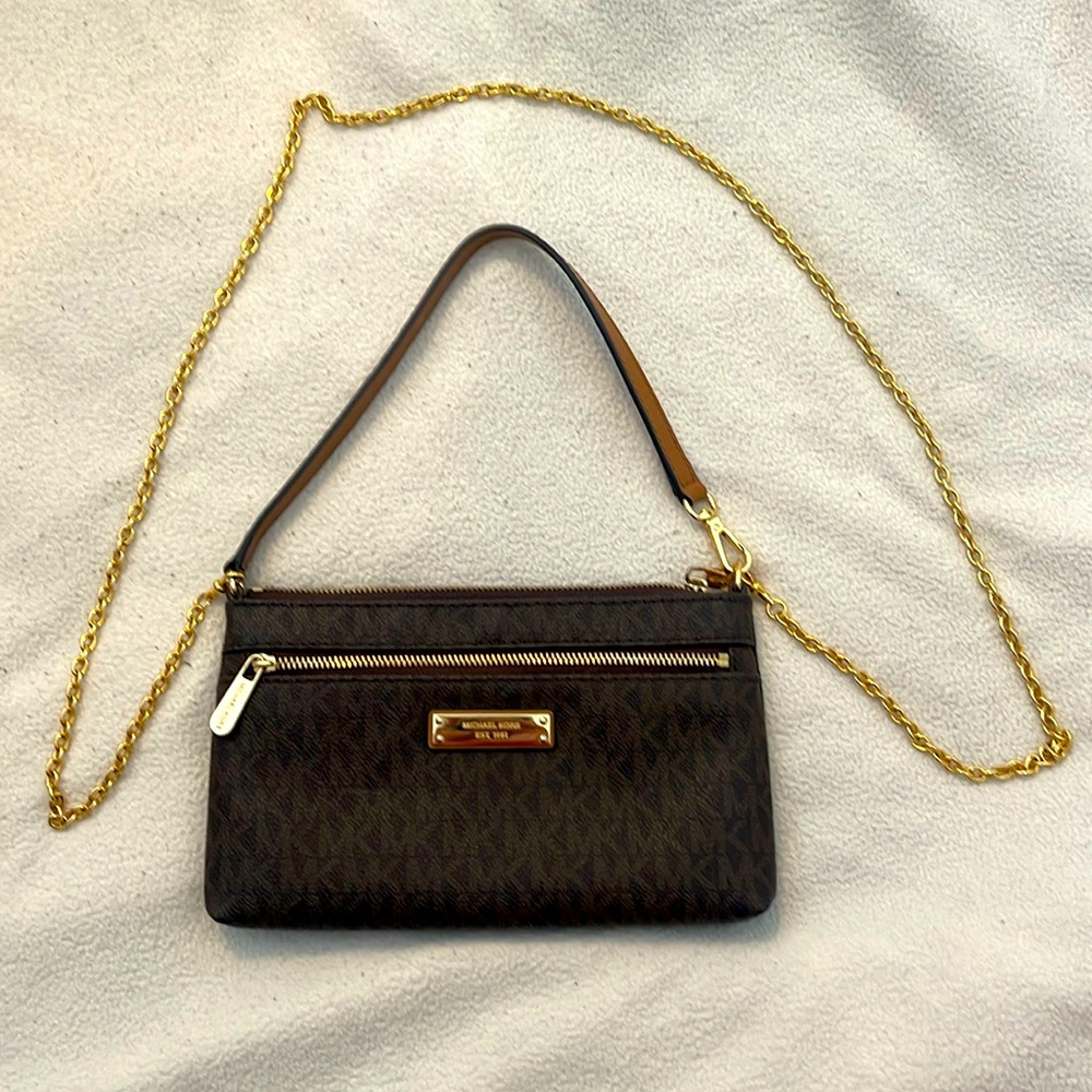 Michael Kors Dark Brown Clutch with Gold Chain